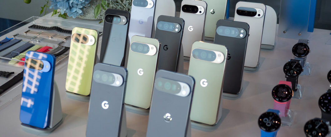 All available colorways of the Google Pixel 10, Google Pixel 10 Pro, and Google Pixel 10 Pro XL. One Jade Google Pixel 10 Pro Fold is in the back